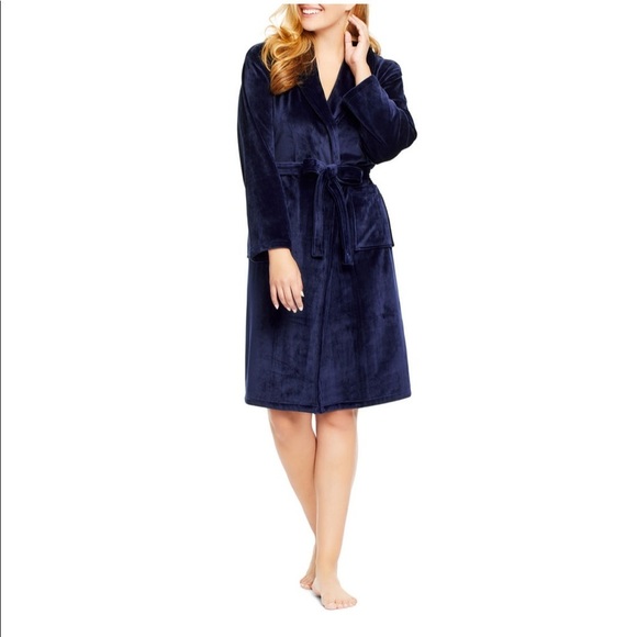 New Womens Velour Robe Cozy Plush Navy Blue - Picture 2 of 11